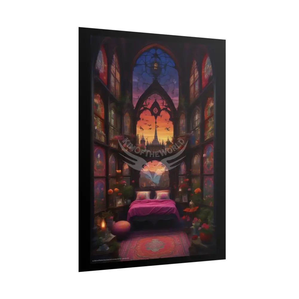 Renaissance Fantasy Interior Rolled Poster — Antique Bedroom with Scenic Window Views Poster