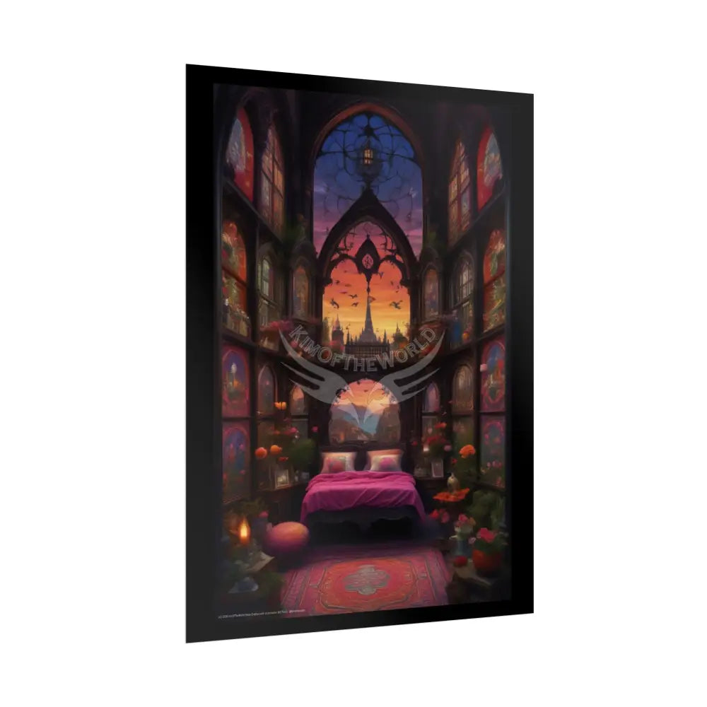 Renaissance Fantasy Interior Rolled Poster — Antique Bedroom with Scenic Window Views Poster