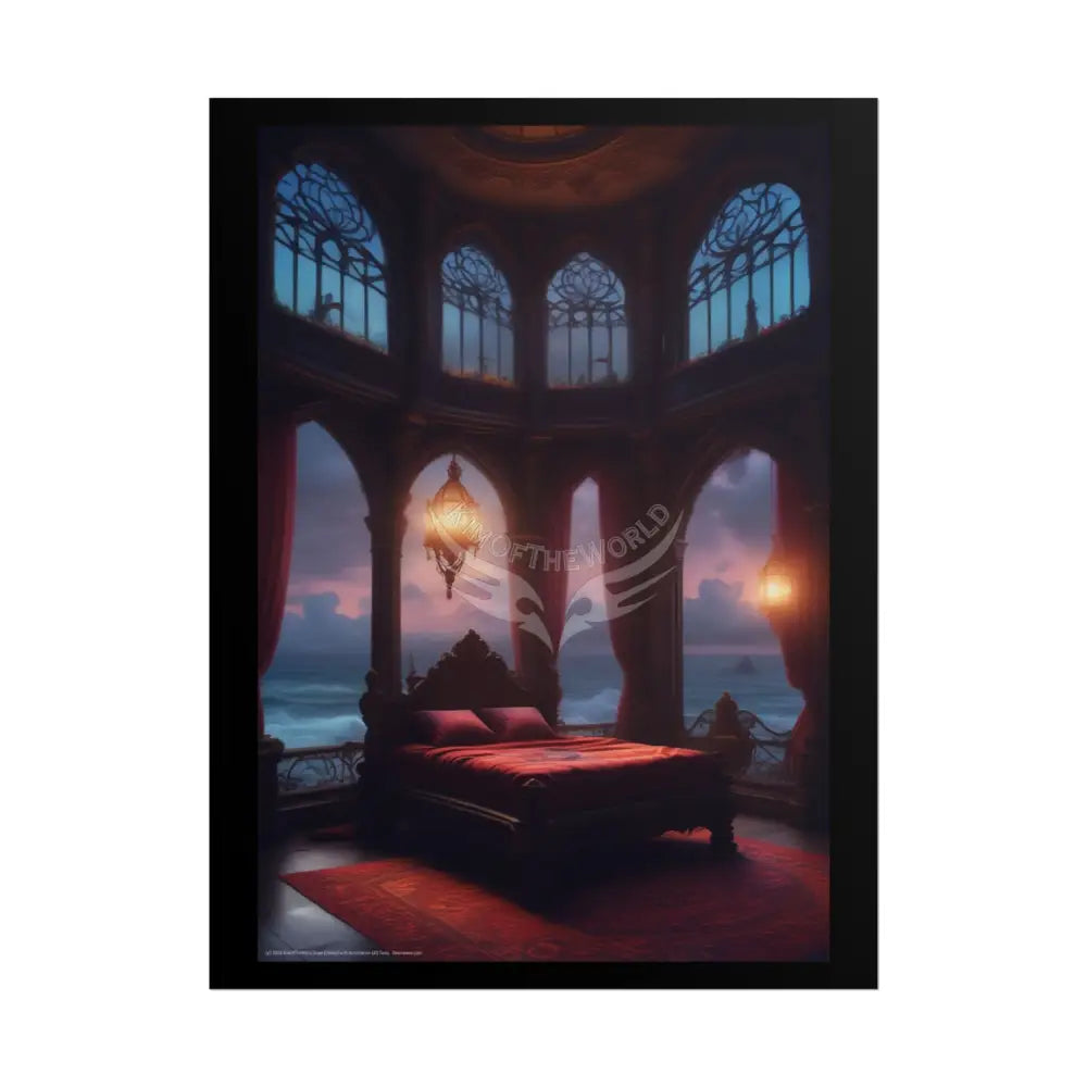 Renaissance Seaside Fantasy Gothic Palace Beach Bed Interior Rolled Poster — Antique Bedroom with Scenic Window Views