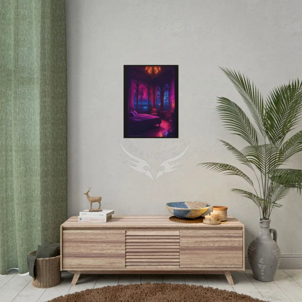 Renaissance Vaporwave Seaside Fantasy Gothic Palace Beach Bed Interior Rolled Poster — Antique Bedroom with Scenic