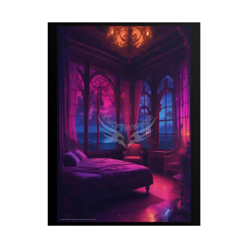 Renaissance Vaporwave Seaside Fantasy Gothic Palace Beach Bed Interior Rolled Poster — Antique Bedroom with Scenic
