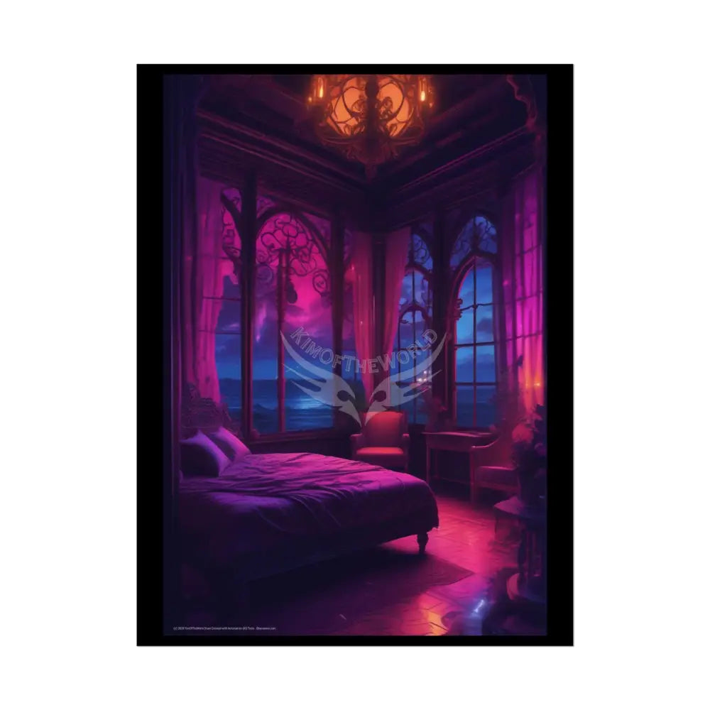 Renaissance Vaporwave Seaside Fantasy Gothic Palace Beach Bed Interior Rolled Poster — Antique Bedroom with Scenic