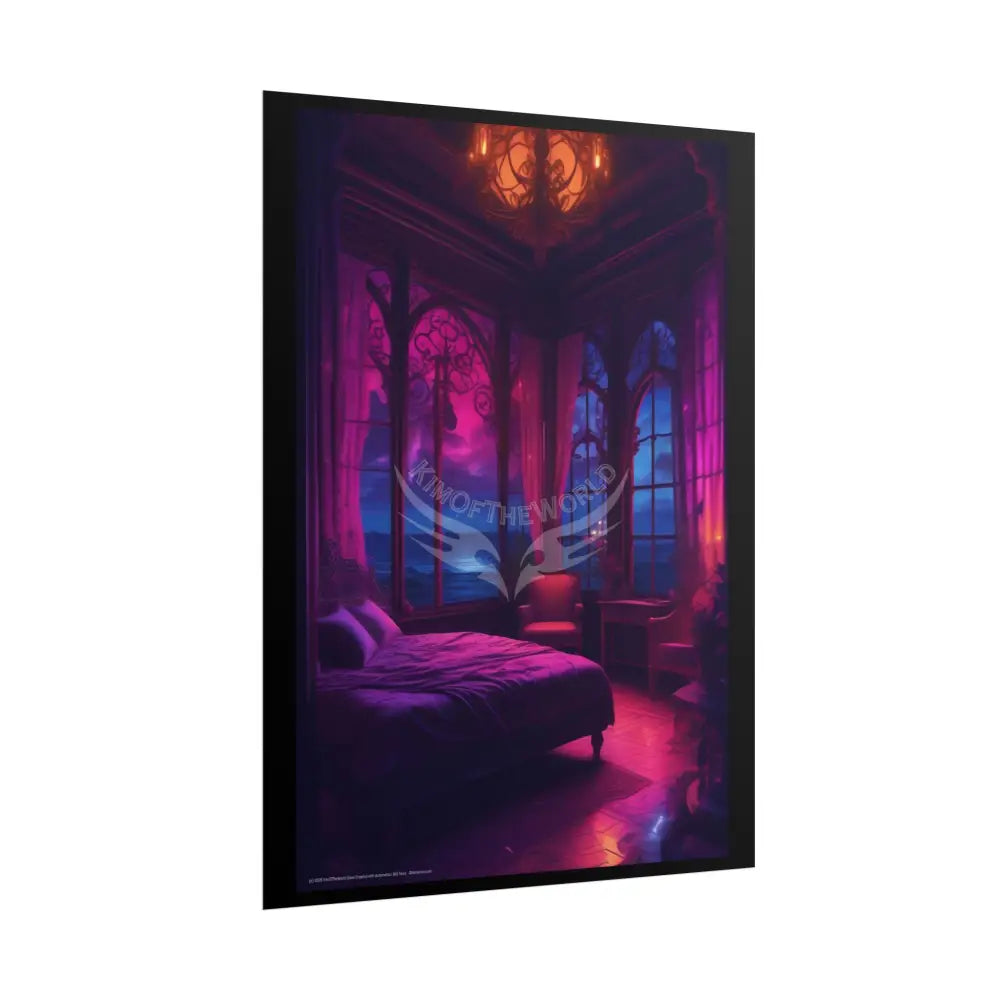 Renaissance Vaporwave Seaside Fantasy Gothic Palace Beach Bed Interior Rolled Poster — Antique Bedroom with Scenic