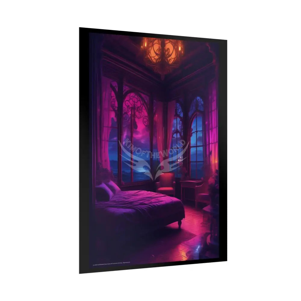Renaissance Vaporwave Seaside Fantasy Gothic Palace Beach Bed Interior Rolled Poster — Antique Bedroom with Scenic