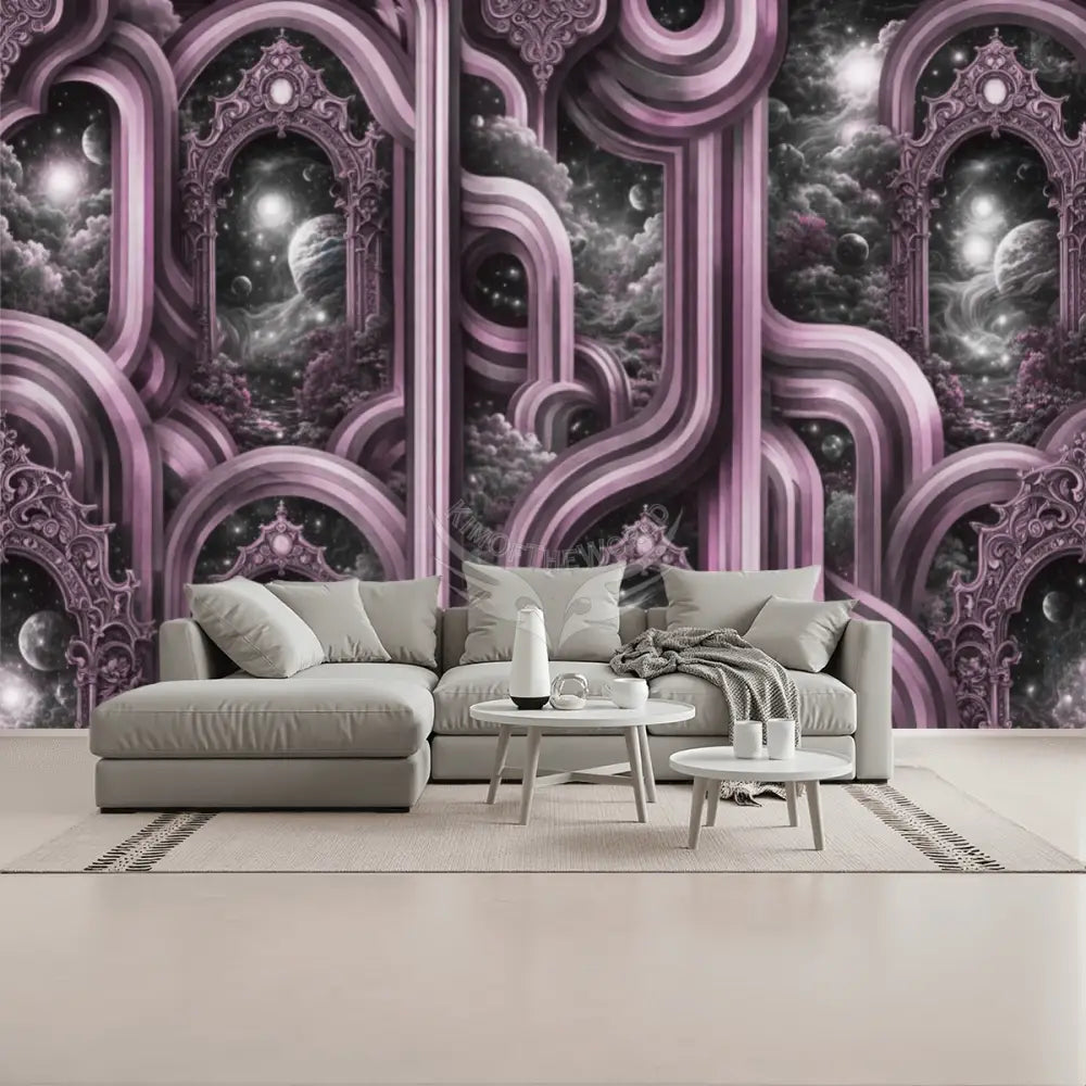 Retro 3D Abstract with Scenery in Mauve Purple Unpasted Mural Wallpaper 144’’x100’’ - 144’’x100’’ - Wall Coverings