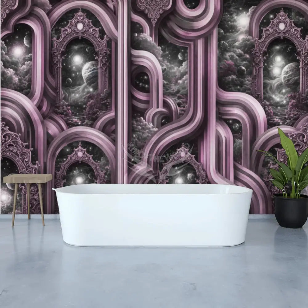 Retro 3D Abstract with Scenery in Mauve Purple Unpasted Mural Wallpaper 144’’x100’’ - 144’’x100’’ - Wall Coverings