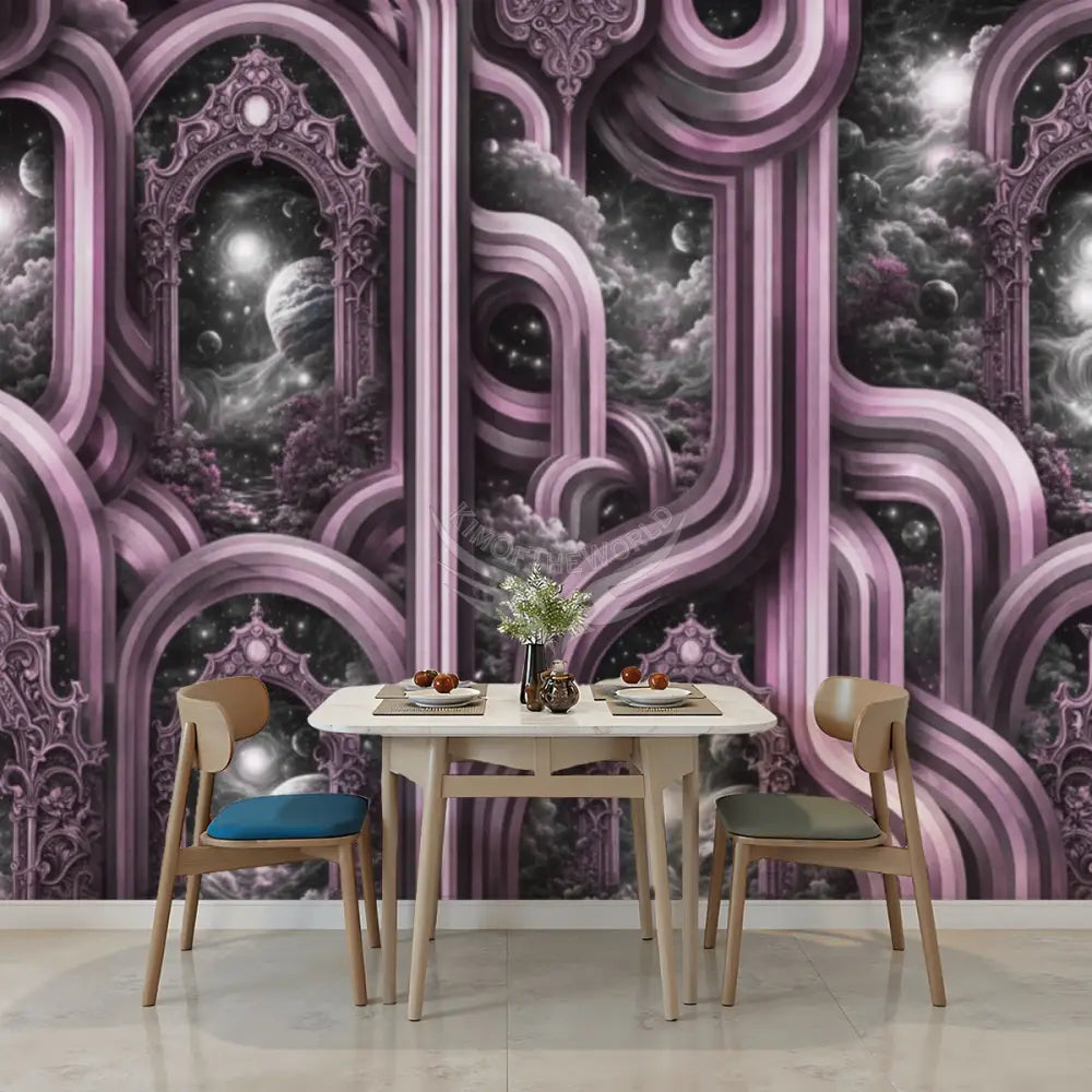 Retro 3D Abstract with Scenery in Mauve Purple Unpasted Mural Wallpaper 144’’x100’’ - 144’’x100’’ - Wall Coverings