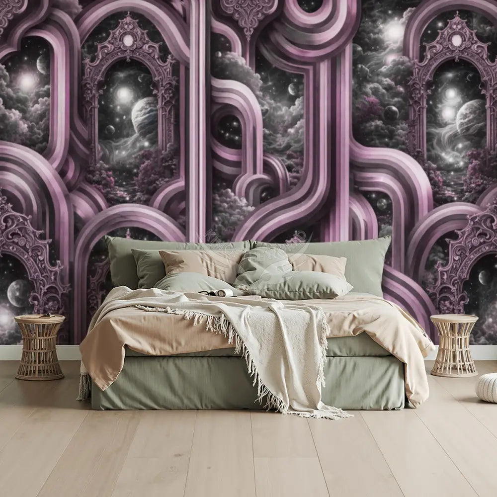 Retro 3D Abstract with Scenery in Mauve Purple Unpasted Mural Wallpaper 144’’x100’’ - 144’’x100’’ - Wall Coverings