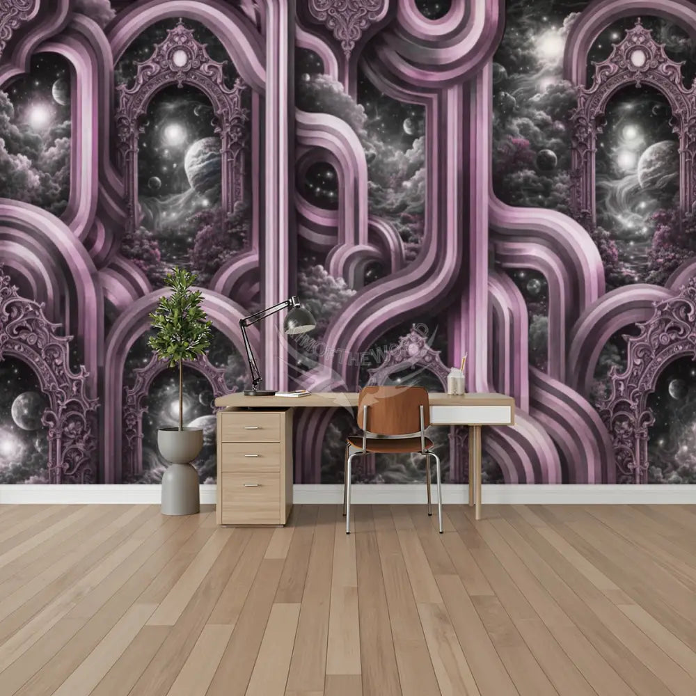 Retro 3D Abstract with Scenery in Mauve Purple Unpasted Mural Wallpaper 144’’x100’’ - 144’’x100’’ - Wall Coverings