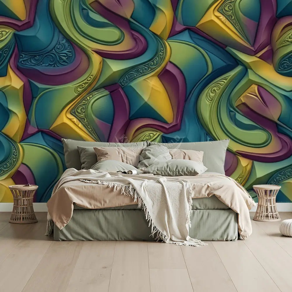Retro 3D Blue Green Pink Chunky Wave Unpasted Mural Wallpaper 144’’x100’’ 144’’x100’’ Wall Coverings