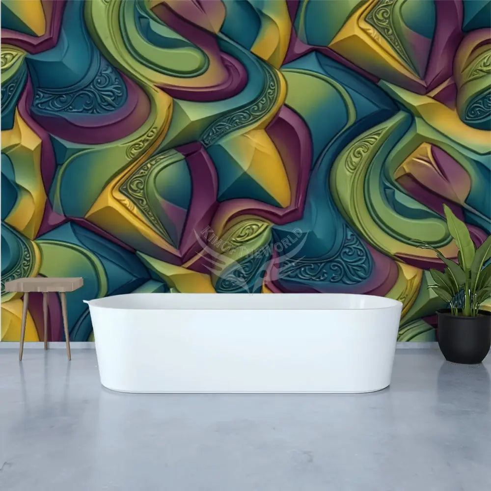 Retro 3D Blue Green Pink Chunky Wave Unpasted Mural Wallpaper 144’’x100’’ 144’’x100’’ Wall Coverings