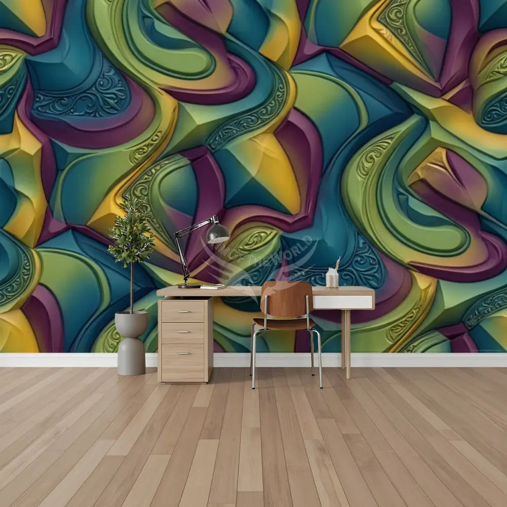 Retro 3D Blue Green Pink Chunky Wave Unpasted Mural Wallpaper 144’’x100’’ 144’’x100’’ Wall Coverings