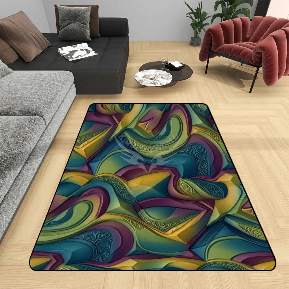 Retro 3D Green and Blue Design Area Rug Floor Carpet 8x5.3 - 96’’x64’’ - Rugs & Mats