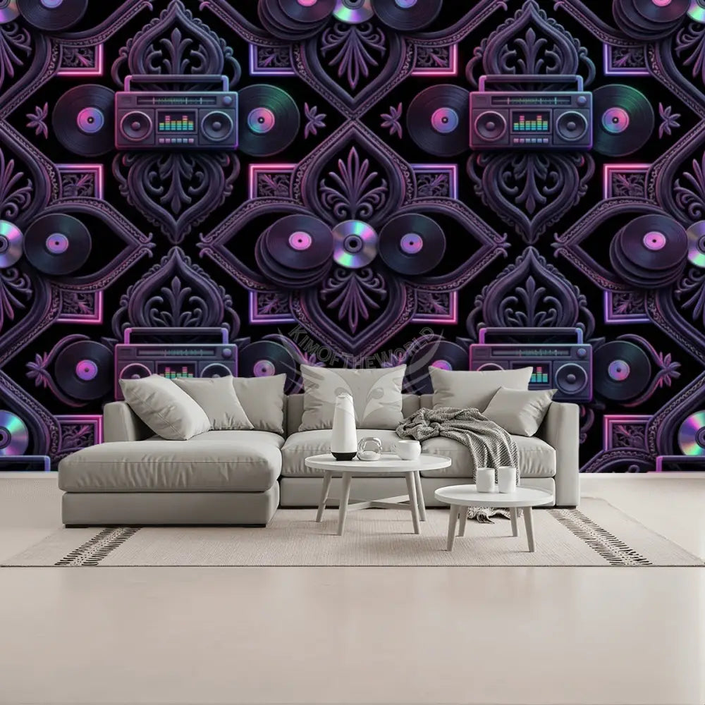 Retro 80s Neon Tinted Music Jambox MixTape Gen X Bar and Club Unpasted Mural Wallpaper 144’’x100’’ - 144’’x100’’