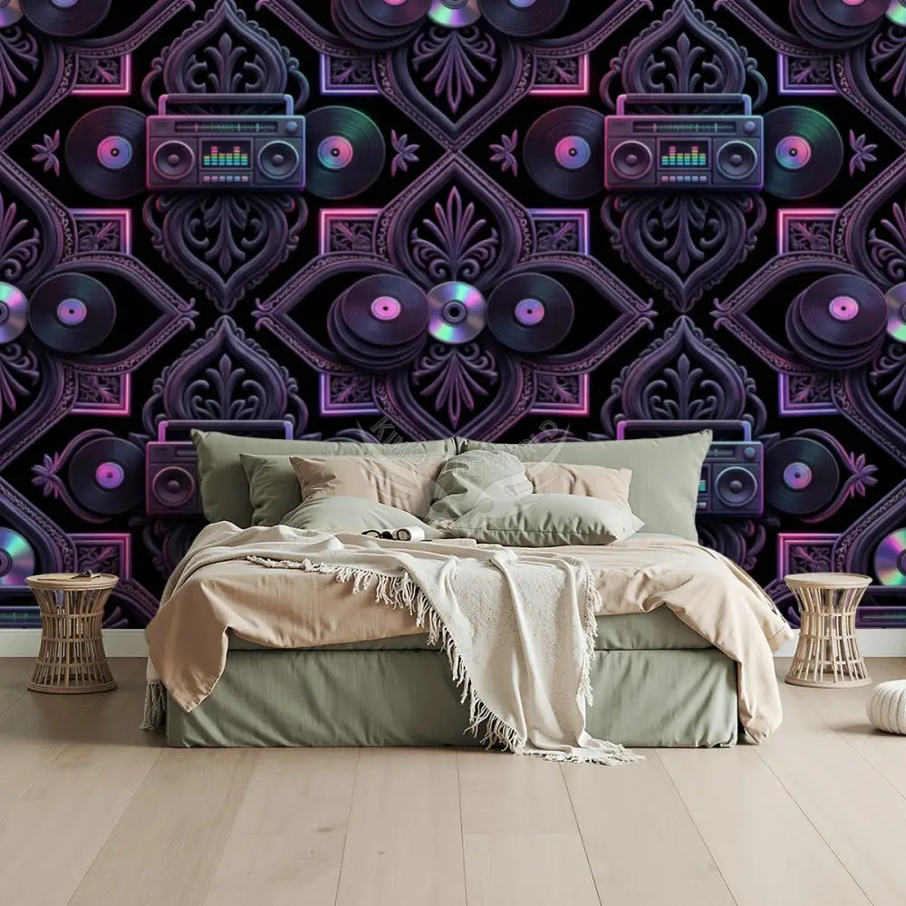 Retro 80s Neon Tinted Music Jambox MixTape Gen X Bar and Club Unpasted Mural Wallpaper 144’’x100’’ - 144’’x100’’