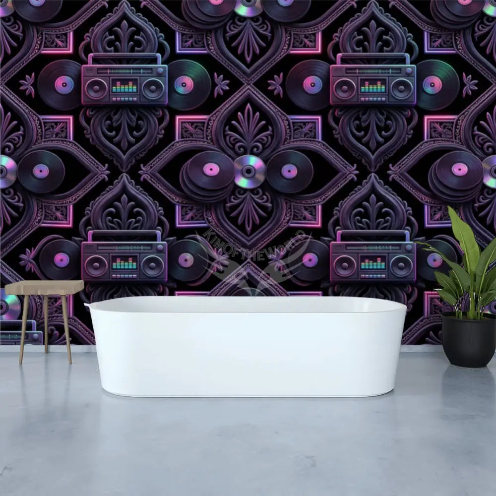 Retro 80s Neon Tinted Music Jambox MixTape Gen X Bar and Club Unpasted Mural Wallpaper 144’’x100’’ - 144’’x100’’