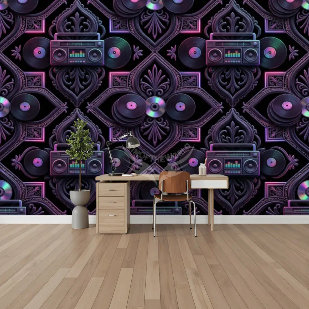 Retro 80s Neon Tinted Music Jambox MixTape Gen X Bar and Club Unpasted Mural Wallpaper 144’’x100’’ - 144’’x100’’