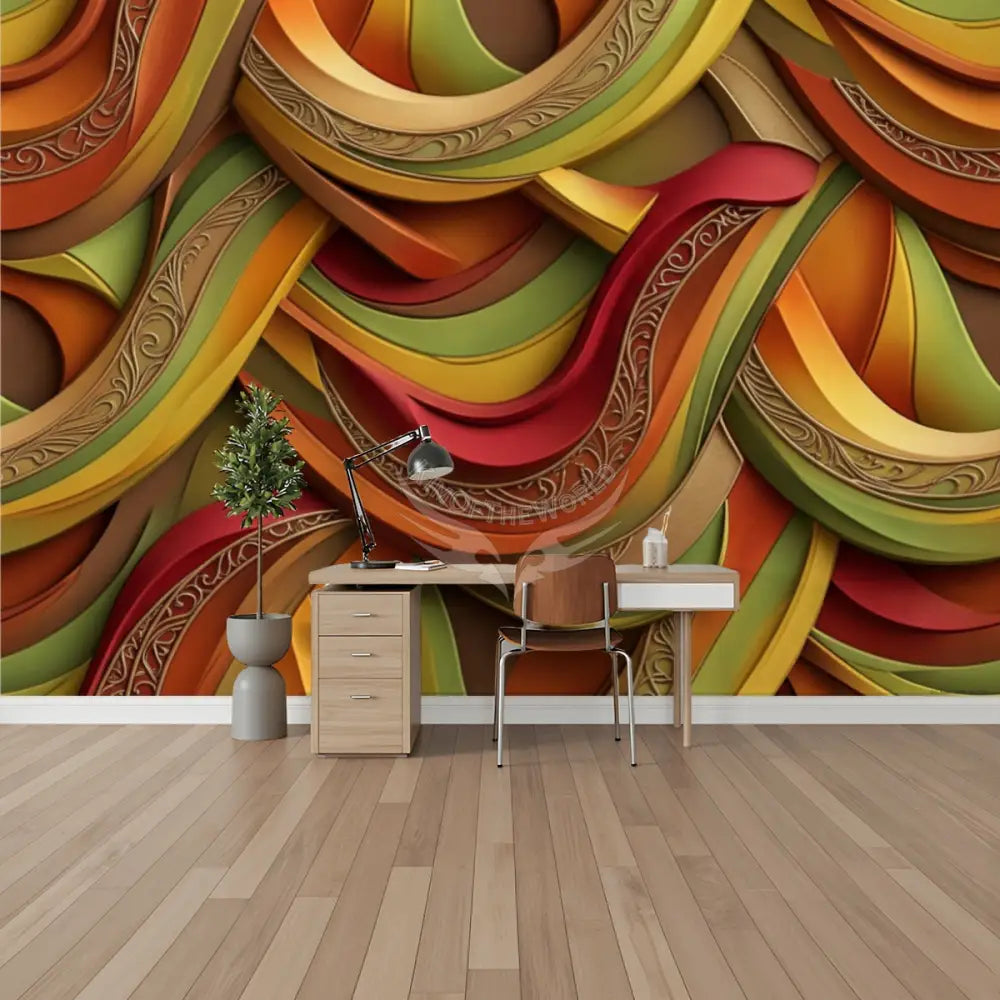 Retro Abstract 3D Waves Unpasted Mural Wallpaper 144’’x100’’ 144’’x100’’ Wall Coverings