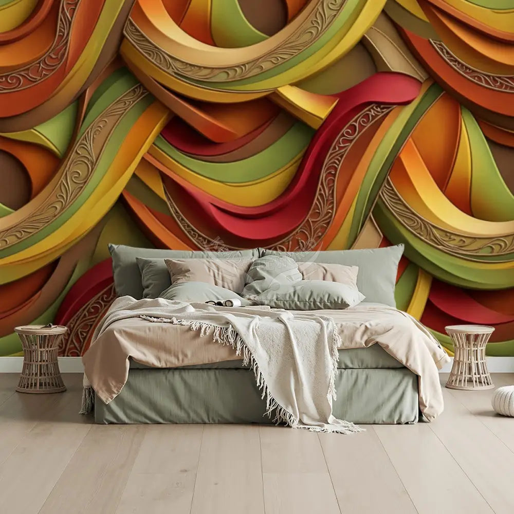 Retro Abstract 3D Waves Unpasted Mural Wallpaper 144’’x100’’ 144’’x100’’ Wall Coverings