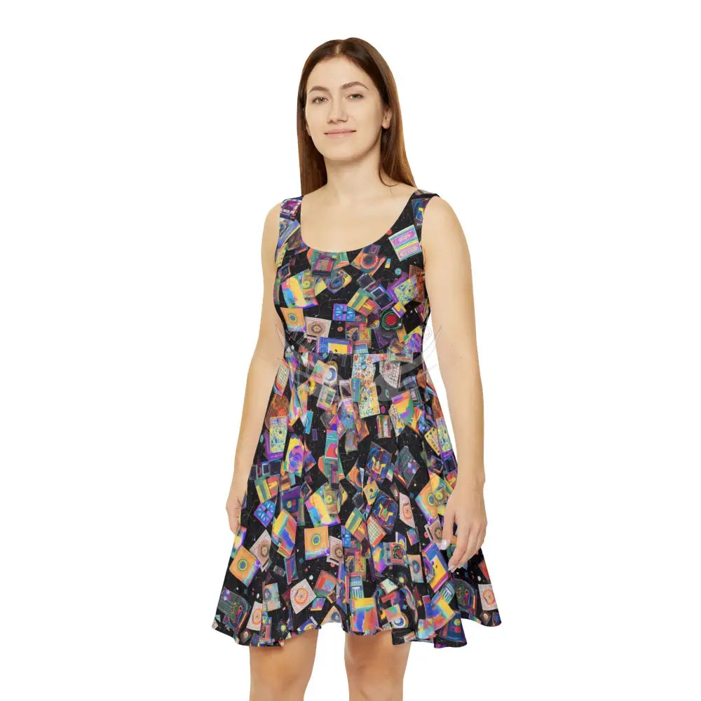 Retro Cassette Tape Skater Dress — Colorful Vintage Music Print L All Over Prints