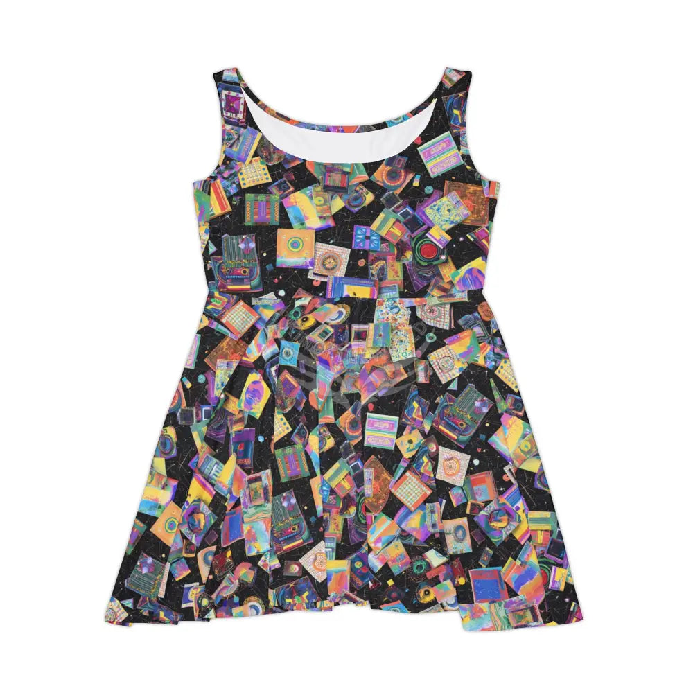 Retro Cassette Tape Skater Dress — Colorful Vintage Music Print L All Over Prints