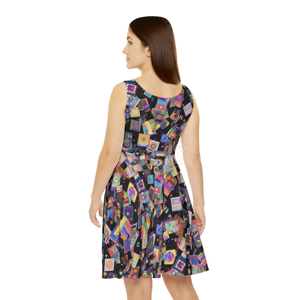 Retro Cassette Tape Skater Dress — Colorful Vintage Music Print L All Over Prints