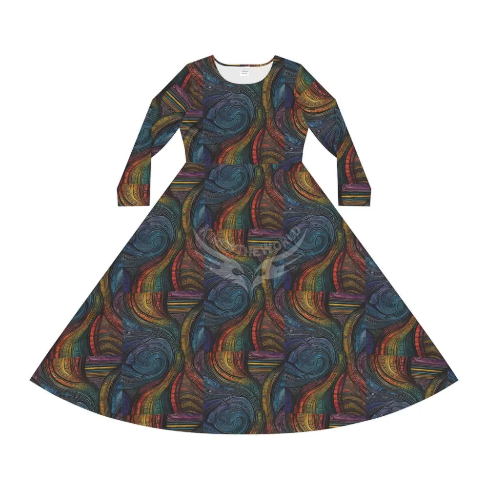 Retro Color Wave Print Dress – Women’s Long Sleeve AOP L All Over Prints