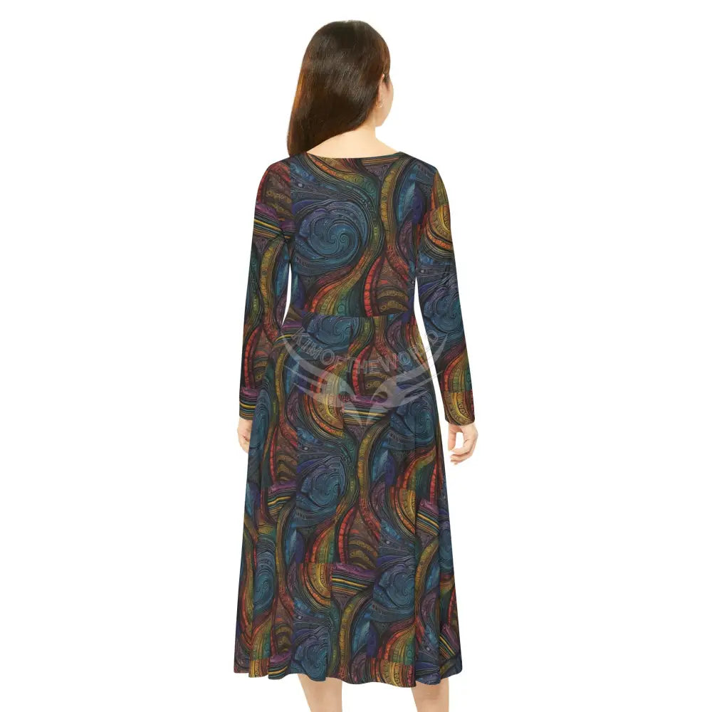 Retro Color Wave Print Dress – Women’s Long Sleeve AOP L All Over Prints