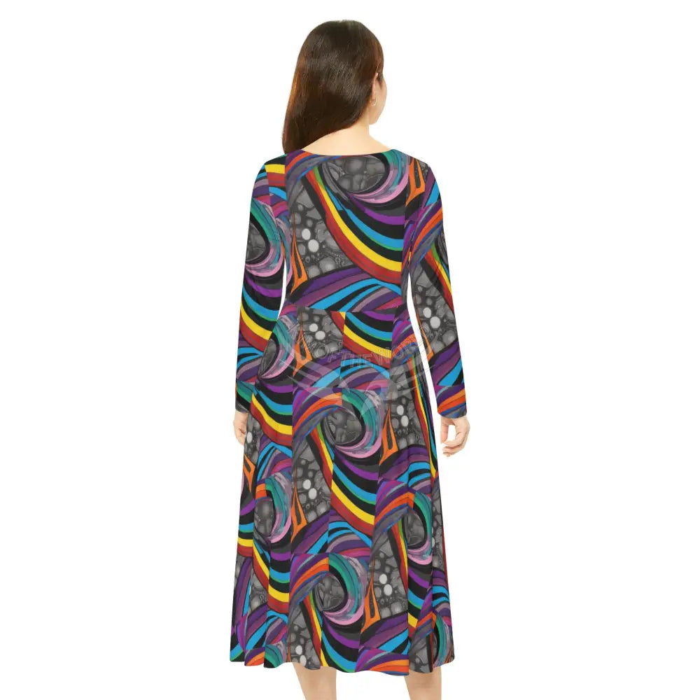 Retro Color Wave Print Dress – Women’s Long Sleeve AOP L All Over Prints