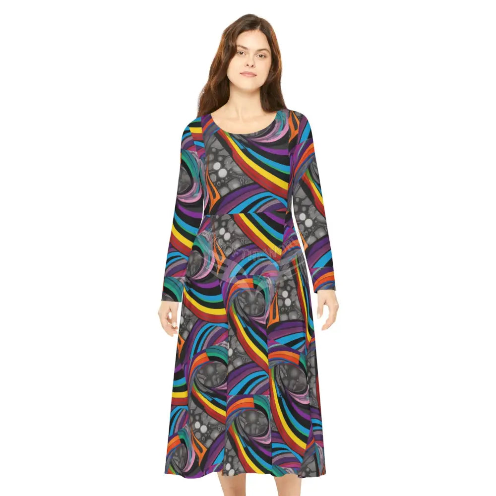 Retro Color Wave Print Dress – Women’s Long Sleeve AOP L All Over Prints
