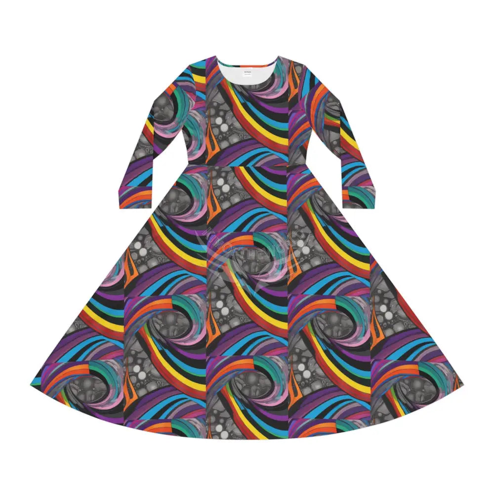 Retro Color Wave Print Dress – Women’s Long Sleeve AOP L All Over Prints