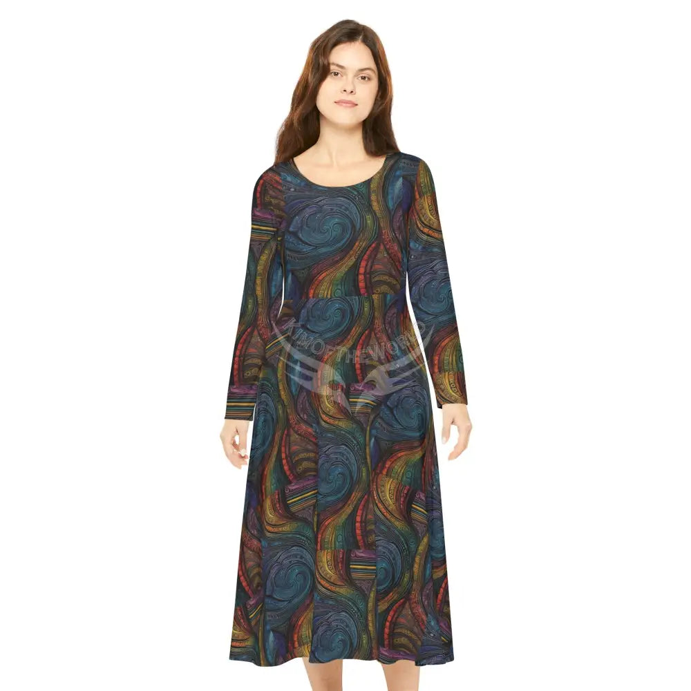 Retro Color Wave Print Dress – Women’s Long Sleeve AOP L All Over Prints
