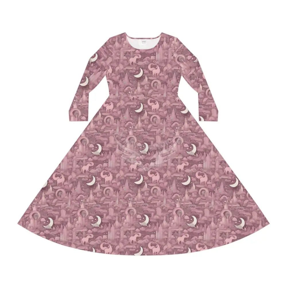 Retro Dusty Mauve Crescent Moon Wallpaper Print Dress – Women’s Long Sleeve AOP L All Over Prints
