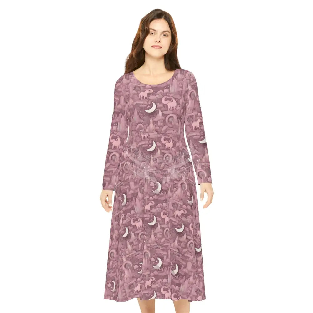 Retro Dusty Mauve Crescent Moon Wallpaper Print Dress – Women’s Long Sleeve AOP L All Over Prints