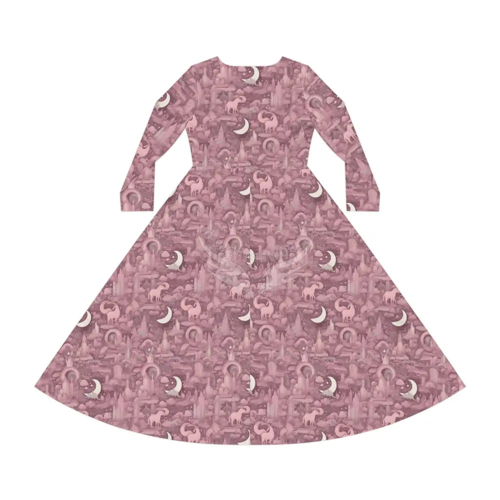 Retro Dusty Mauve Crescent Moon Wallpaper Print Dress – Women’s Long Sleeve AOP L All Over Prints