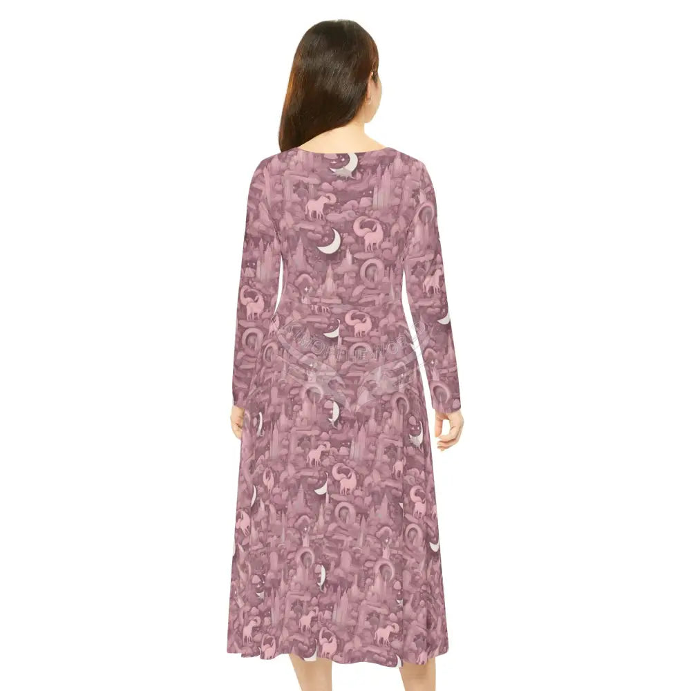 Retro Dusty Mauve Crescent Moon Wallpaper Print Dress – Women’s Long Sleeve AOP L All Over Prints