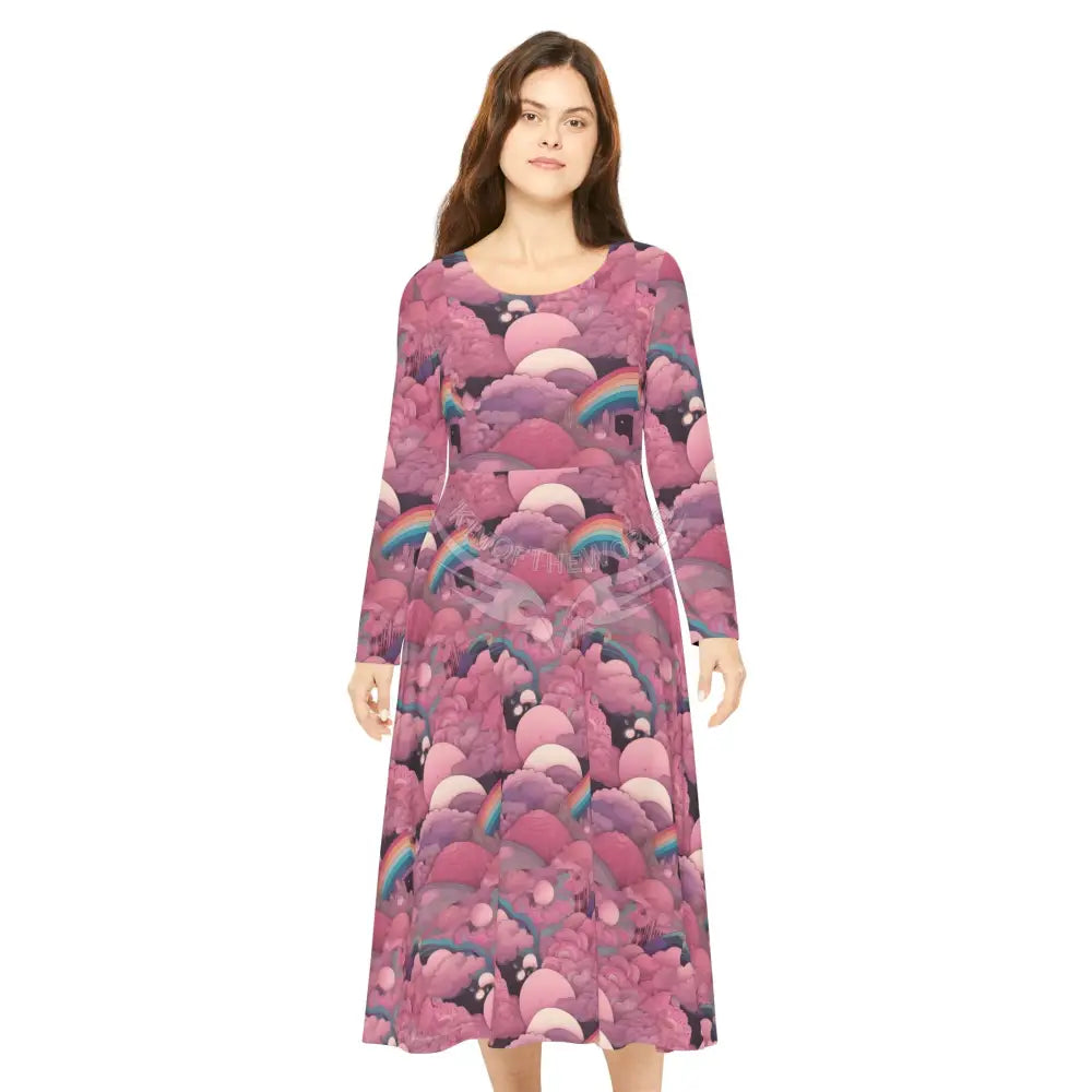 Retro Dusty Pink Swirl Wallpaper Print Dress – Women’s Long Sleeve AOP L All Over Prints