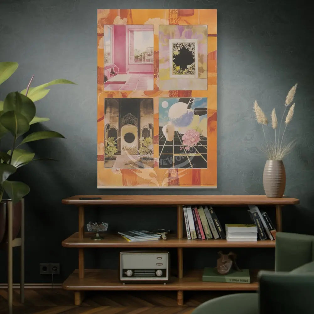 Retro Orange Fantasy Frames & Floral Lace Pink 3D Matte Canvas Print — 3D Laced Multi-Dimensional Wall Art Canvas