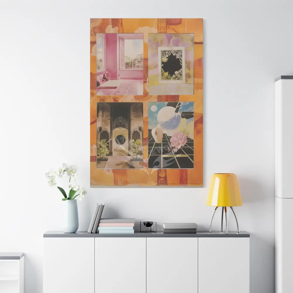 Retro Orange Fantasy Frames & Floral Lace Pink 3D Matte Canvas Print — 3D Laced Multi-Dimensional Wall Art Canvas