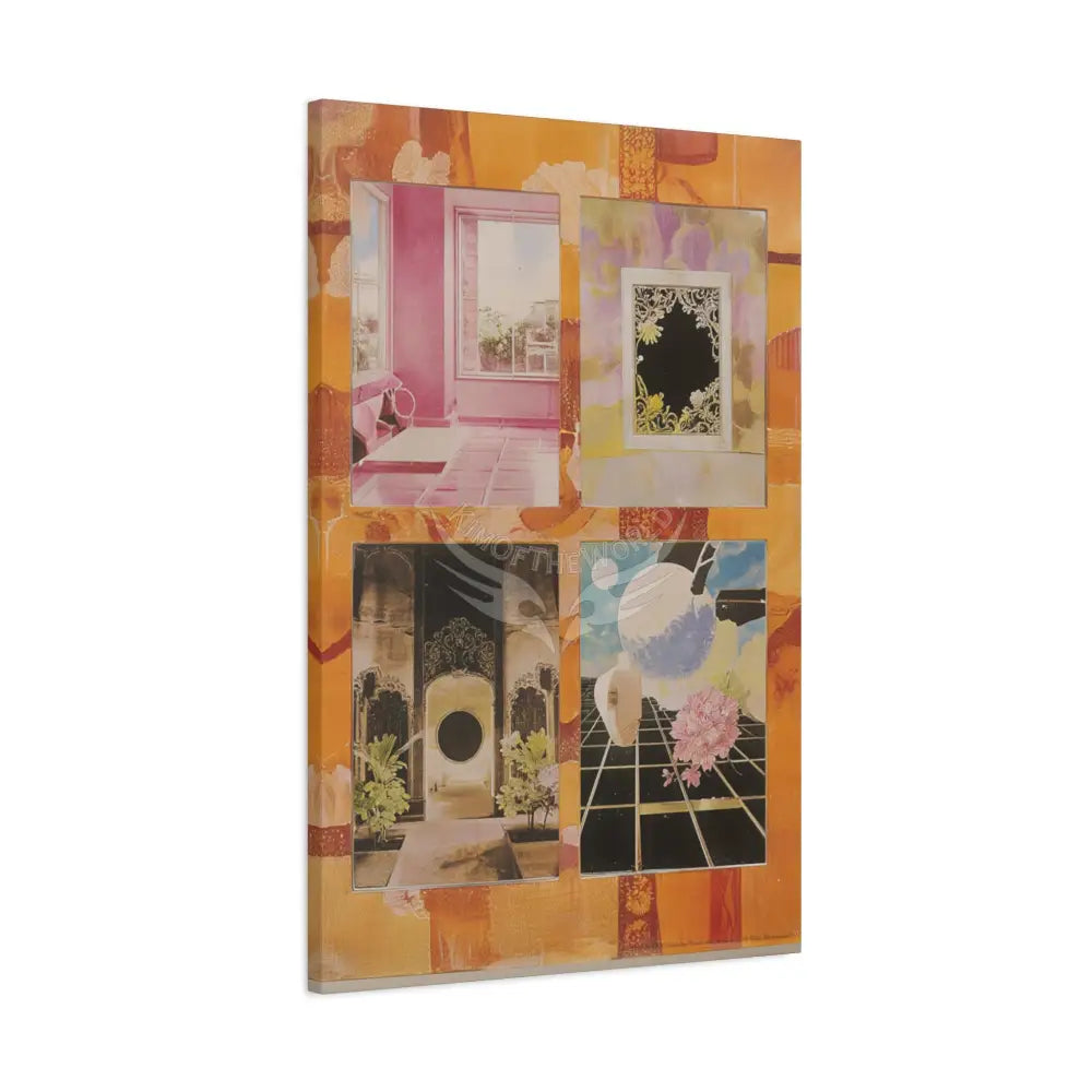 Retro Orange Fantasy Frames & Floral Lace Pink 3D Matte Canvas Print — 3D Laced Multi-Dimensional Wall Art Canvas