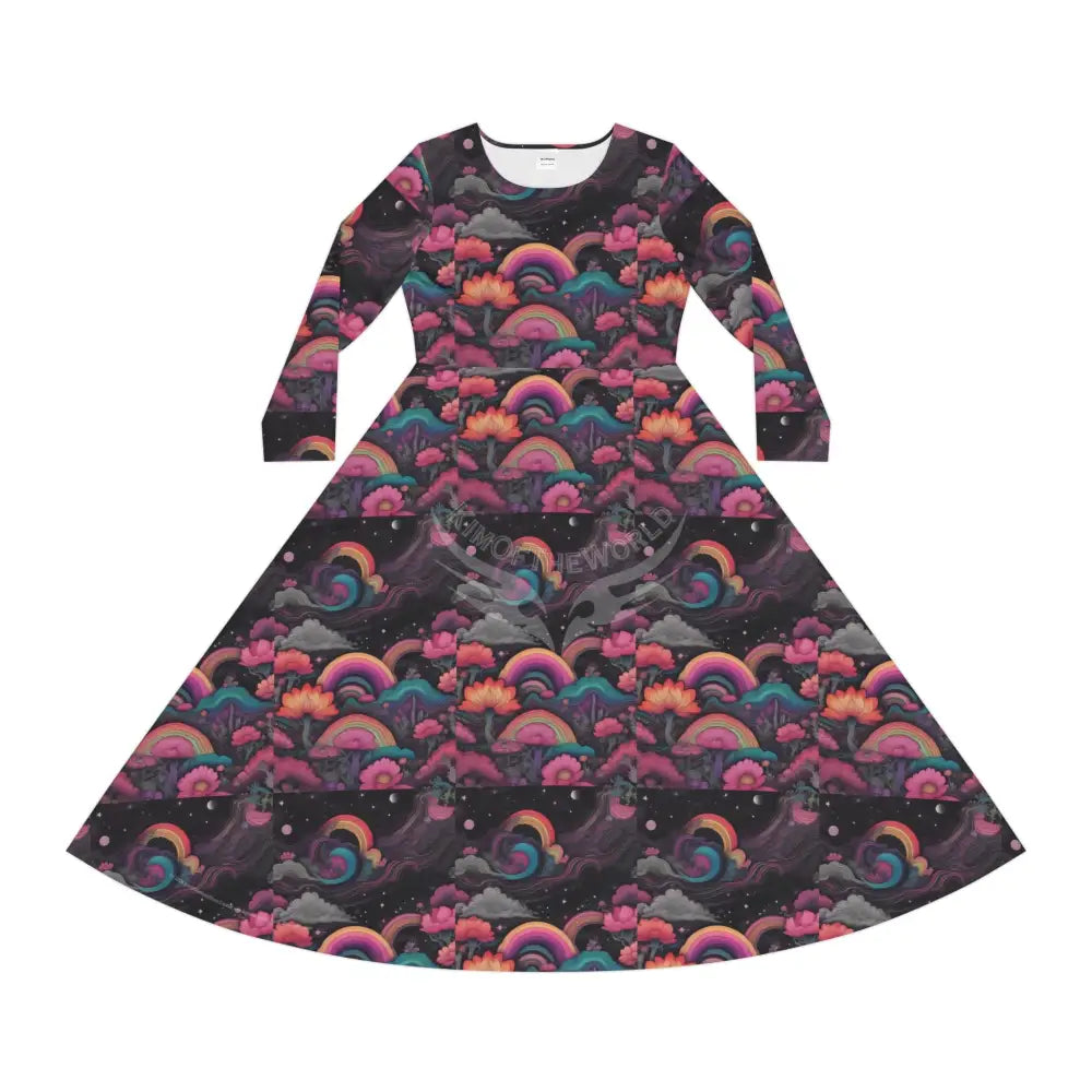Retro Rainbow Black Wallpaper Print Dress – Women’s Long Sleeve AOP L All Over Prints
