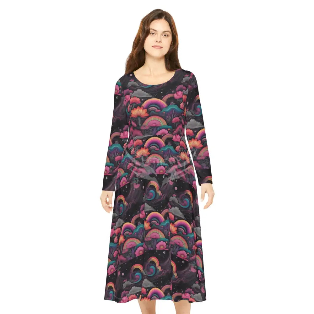 Retro Rainbow Black Wallpaper Print Dress – Women’s Long Sleeve AOP L All Over Prints