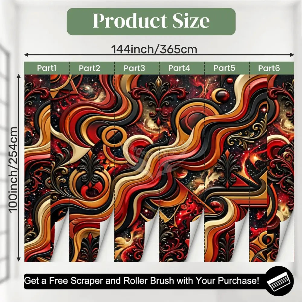 Retro Space 3D Red & Gold Design Unpasted Mural Wallpaper 144’’x100’’ 144’’x100’’ Wall Coverings