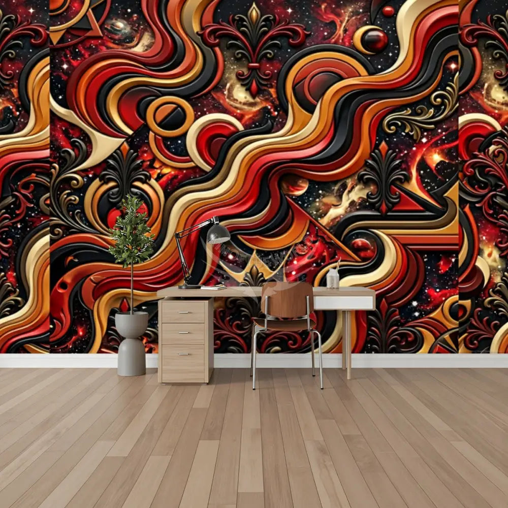 Retro Space 3D Red & Gold Design Unpasted Mural Wallpaper 144’’x100’’ 144’’x100’’ Wall Coverings