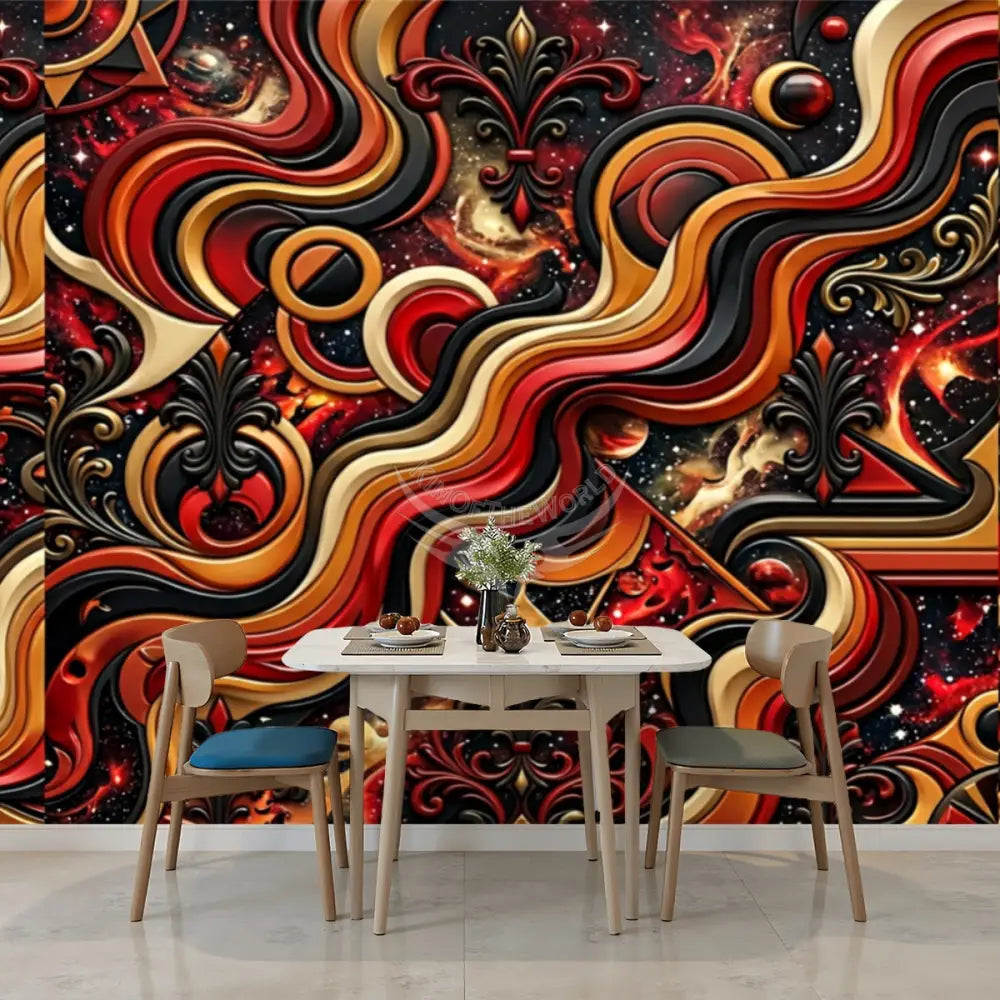 Retro Space 3D Red & Gold Design Unpasted Mural Wallpaper 144’’x100’’ 144’’x100’’ Wall Coverings