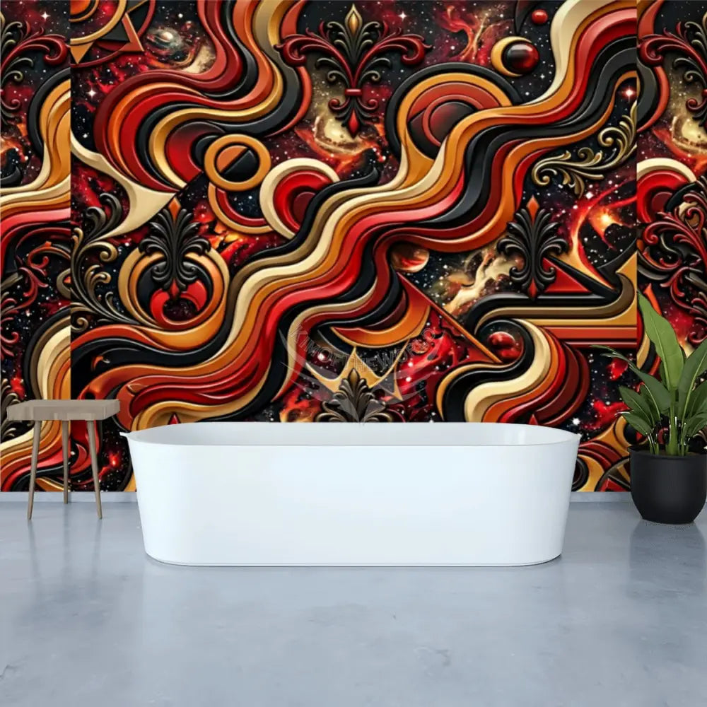 Retro Space 3D Red & Gold Design Unpasted Mural Wallpaper 144’’x100’’ 144’’x100’’ Wall Coverings