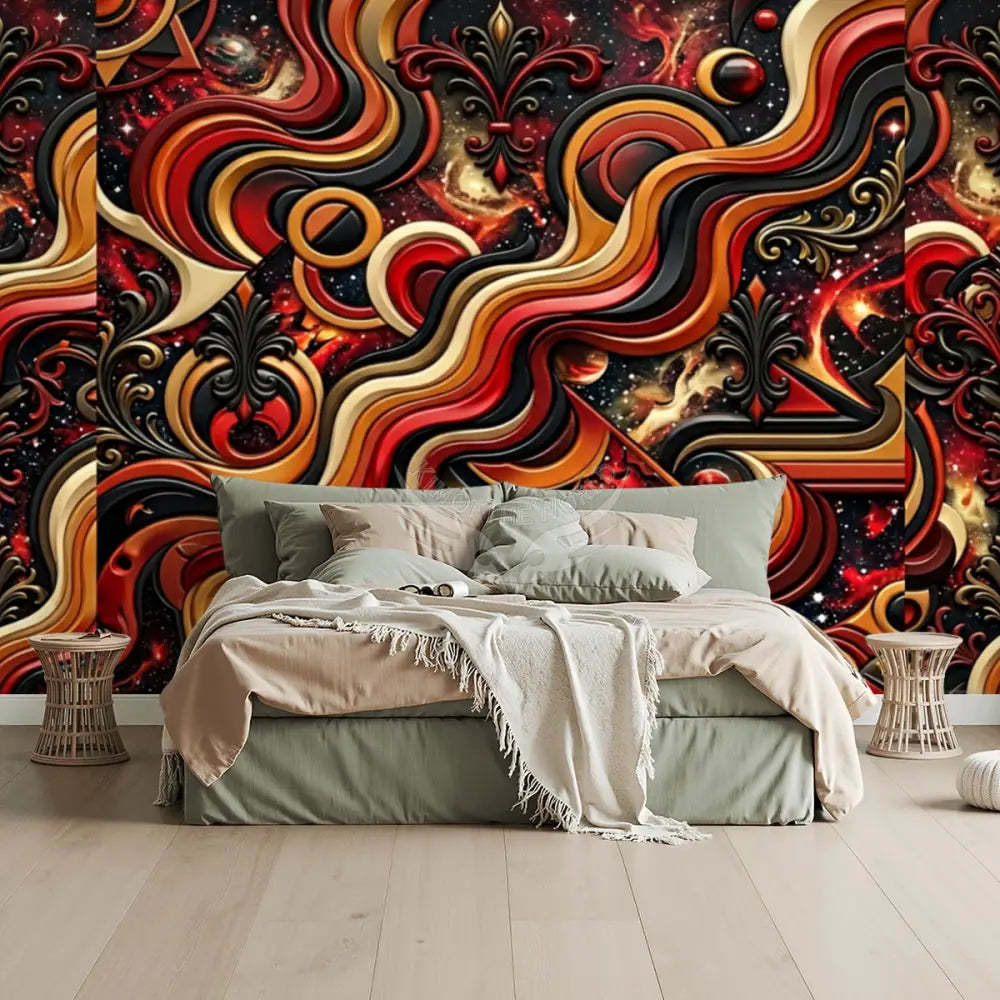 Retro Space 3D Red & Gold Design Unpasted Mural Wallpaper 144’’x100’’ 144’’x100’’ Wall Coverings