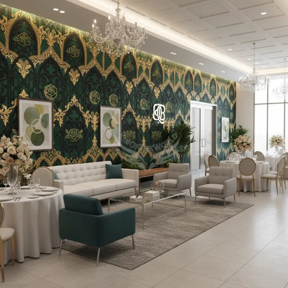 Rich Green and Gold 3D Wallpaper Unpasted Mural Wallpaper 144’’x100’’ - 144’’x100’’ - Wall Coverings