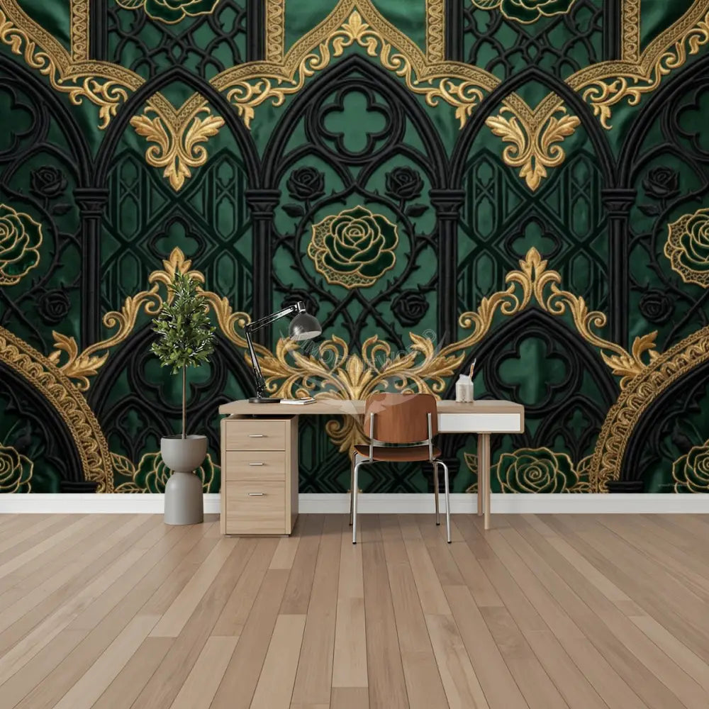 Rich Green and Gold 3D Wallpaper Unpasted Mural Wallpaper 144’’x100’’ - 144’’x100’’ - Wall Coverings
