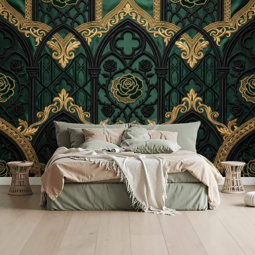 Rich Green and Gold 3D Wallpaper Unpasted Mural Wallpaper 144’’x100’’ - 144’’x100’’ - Wall Coverings